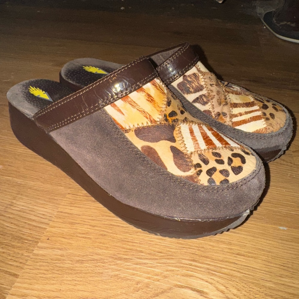 Volatile Patchwork Brown Suede Clogs